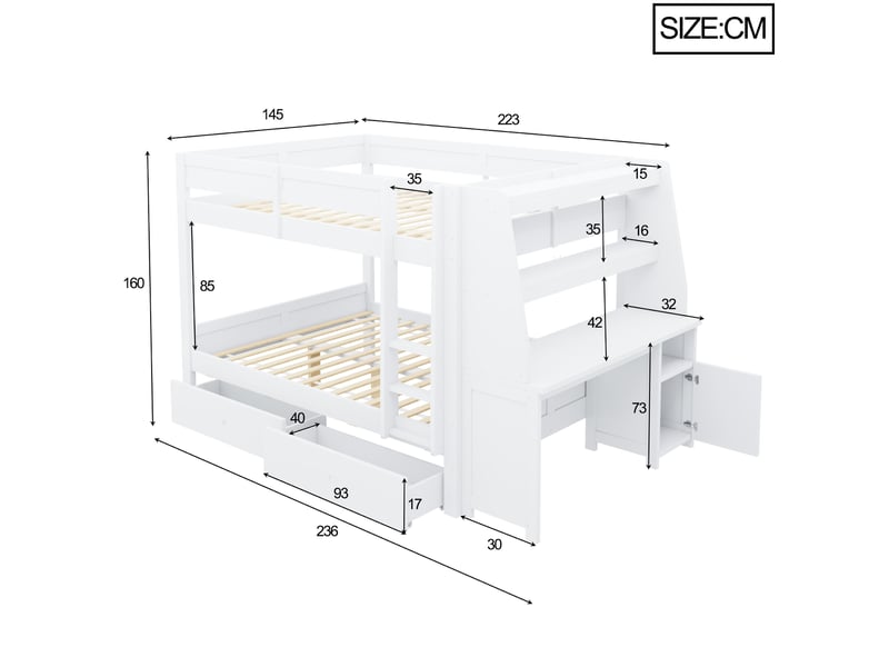  Lit superposé 140 × 200 cm 2 couchages avec bureau, rangements et 2 tiroirs, sans matelas, structure en bois blanc  - Conforama D
