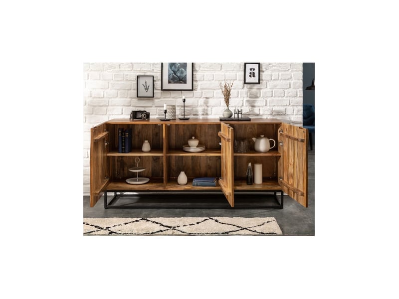 Buffet orkan 160 cm en bois massif de manguier sculpté – 3 portes et piètement noir - Conforama E