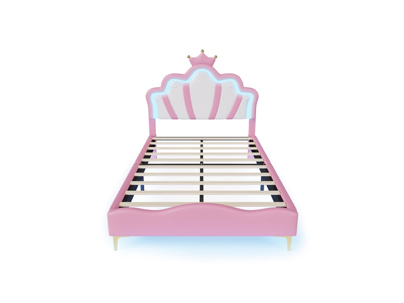 Lit double enfant 140x190 avec led, lit princesse fille avec tête de lits réglable et sommier à lattes, pu rose - Conforama R