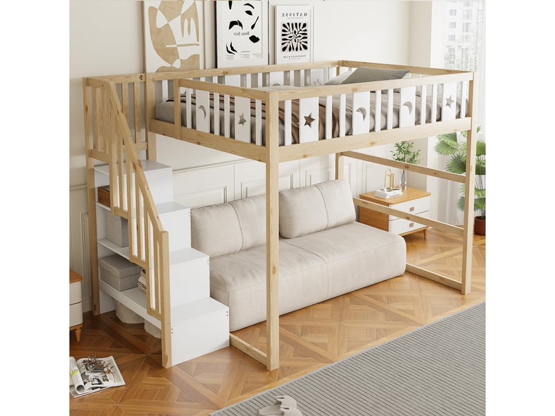  Lit superposé enfant 140*200 cm en bois massif, échelle, garde-corps et déco étoiles.  - Conforama C