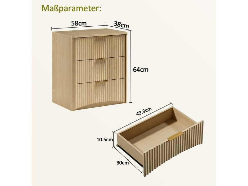  Table de chevet 58x38x64 cm – chêne – 3 tiroirs, design rainuré, poignées métalliques et structure stable  - Conforama C