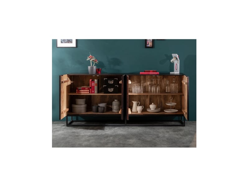 Buffet karmy 177 cm en bois de manguier massif – 4 portes sculptées et métal noir - Conforama E