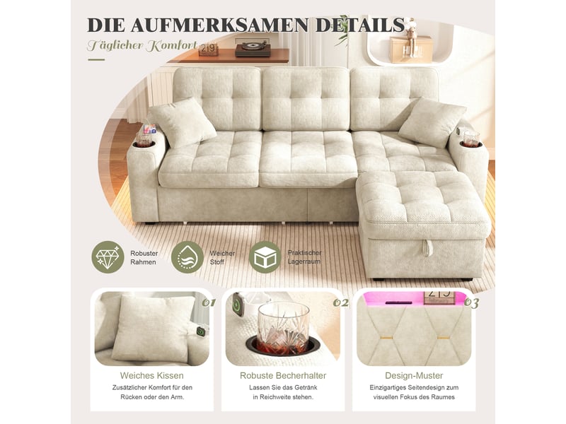  Canapé d'angle fixe en chenille beige 194,5 x 133 x 83 cm, led, usb-c, rangements et ottomane pour salon 194.5x133x83cm - Conforama E