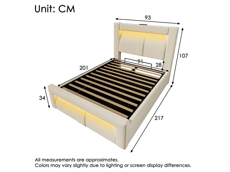  Lit enfant 90x200 cm – beige – coffre hydraulique, led et ports usbtype-c intégrés, matelas inclus  - Conforama C