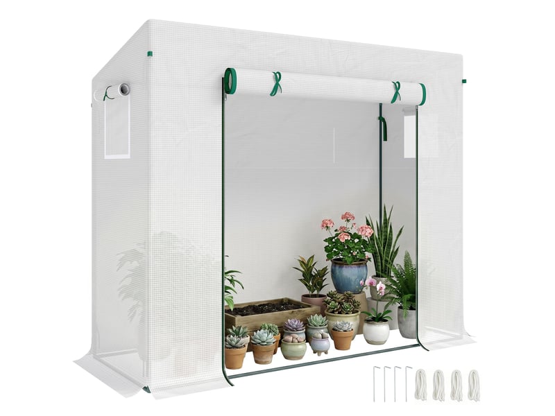  Serre de jardin avec porte enroulable et bords surélevés, acier et pe, 200 x 76 x 168 cm, blanche  - Conforama A