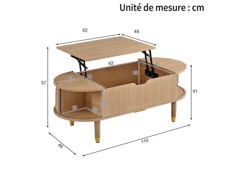  Table basse relevable ovale en mdf avec espace de rangement et portes coulissantes nervurées naturel  - Conforama E