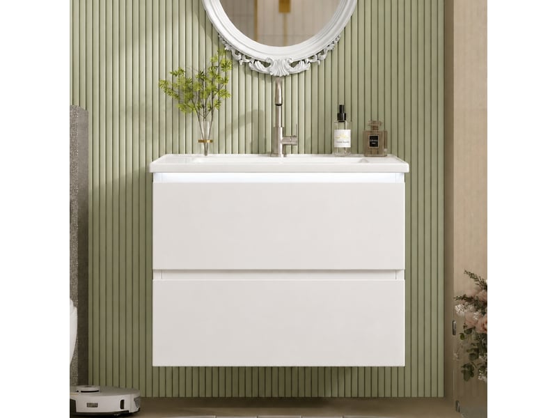  Meuble vasque suspendu blanc 61 cm avec lavabo en céramique, led à détection et 2 tiroirs  - Conforama B