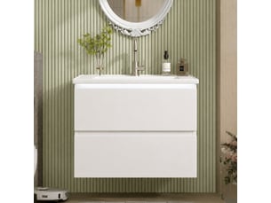 Meuble vasque suspendu blanc 61 cm avec lavabo en céramique, led à détection et 2 tiroirs