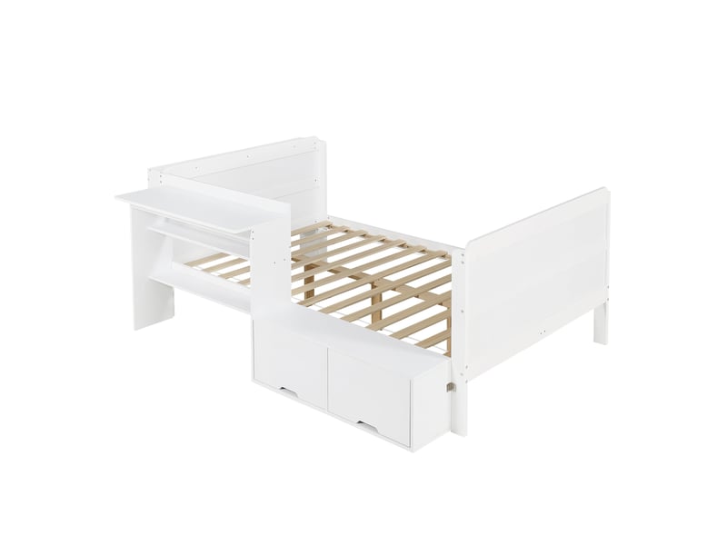  Lit fonctionnel 120 x 200 cm blanc en bois, bureau intégré, rangement latéral et étagère en pied  - Conforama D