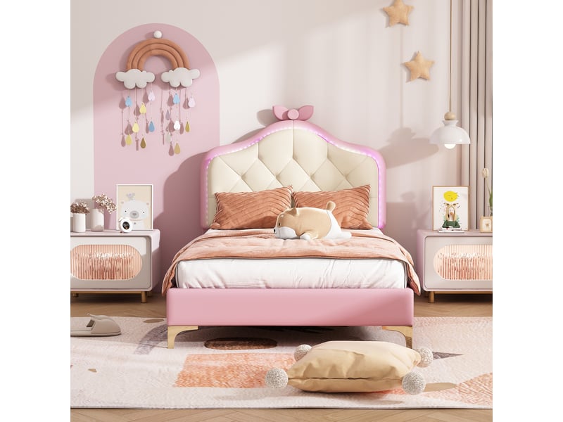  Lit simple 90x200 cm rembourré avec led multicolore à modes changeants, tête de lit ondulée et nœud rose, pu, blanc et rose  - Conforama B