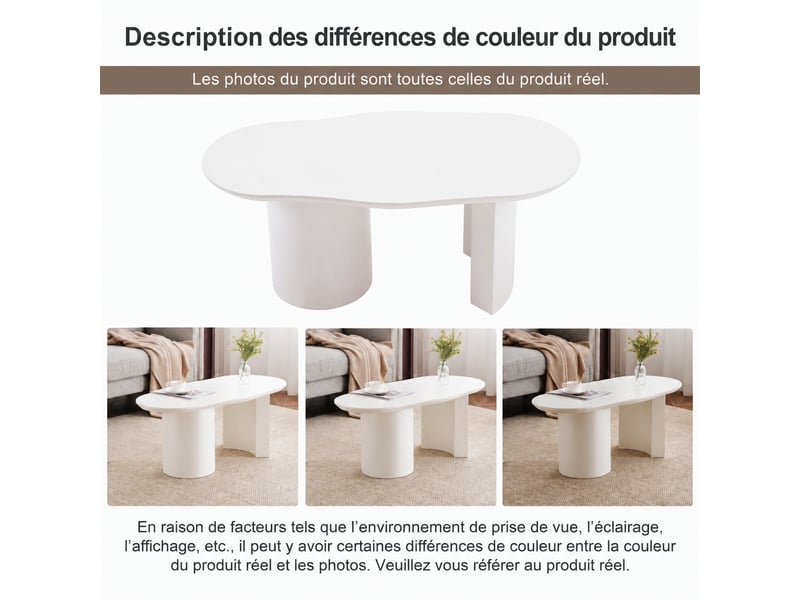  Table basse blanche 100 cm, forme irrégulière, en mdf laqué, design moderne avec bords arrondis  - Conforama D