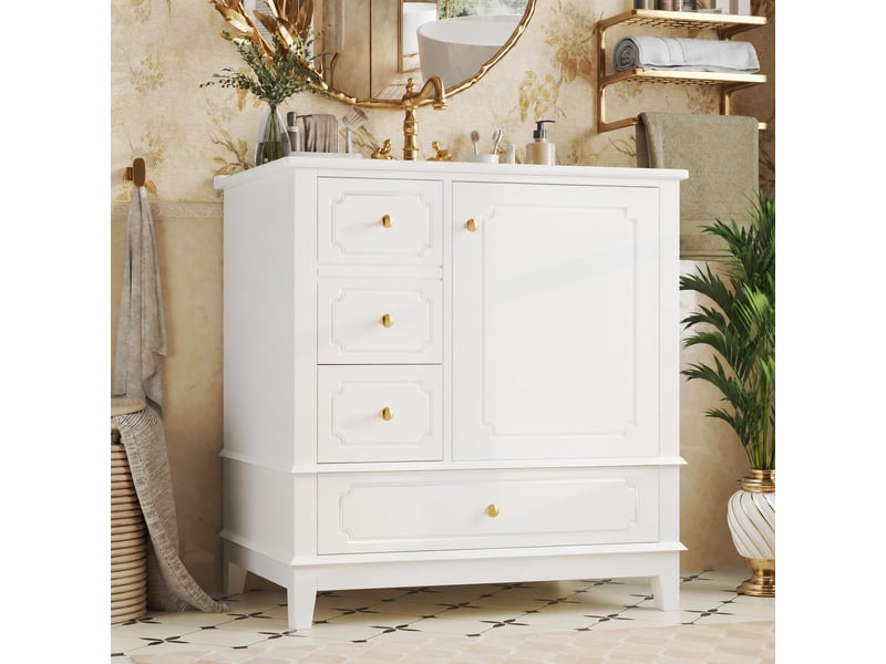  Meuble vasque blanc 76,5 cm avec vasque en céramique et poignées dorées  - Conforama B
