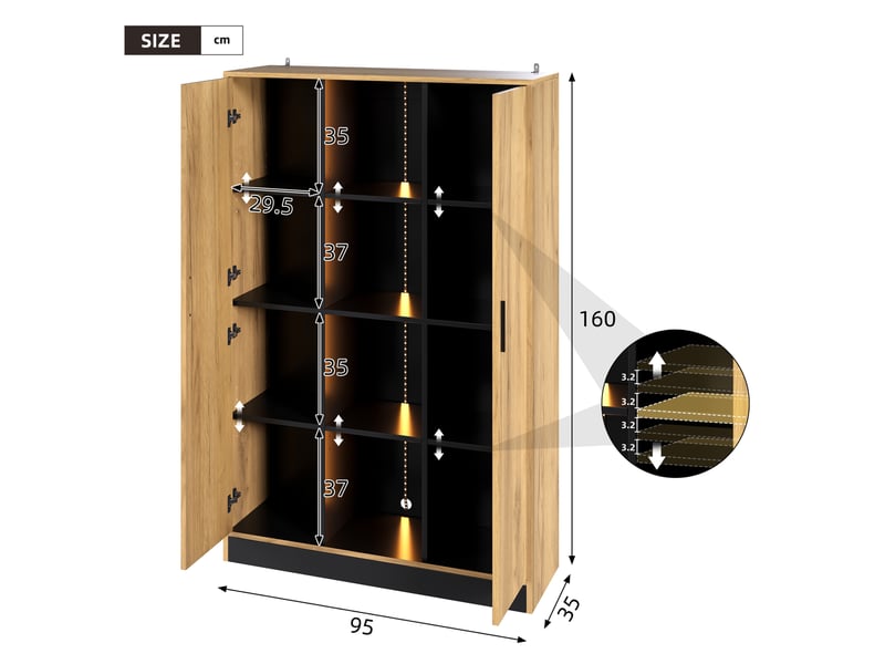  Vitrine 95x35x160 cm avec led, 2 portes, décor chêne et noir  - Conforama C