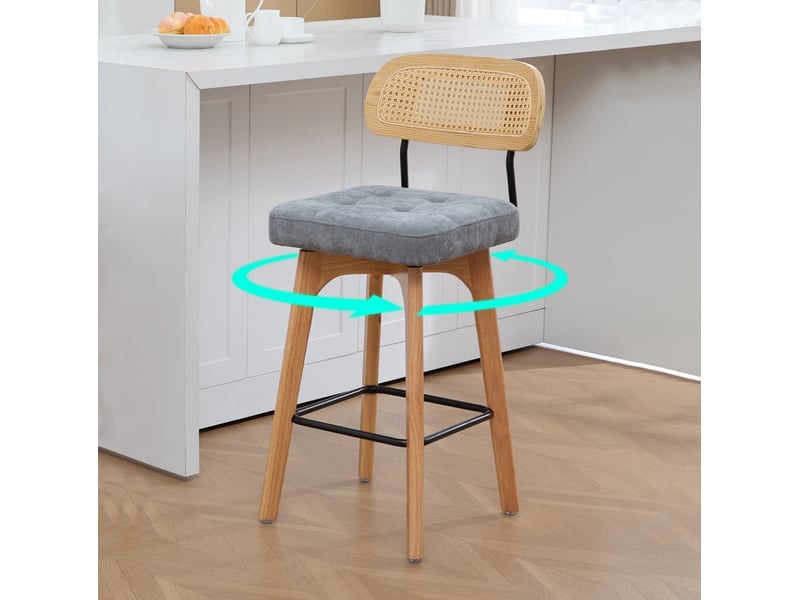  Tabouret de bar lot de 2 pivotant à 360° avec dossier en rotin, assise rembourrée et repose-pieds en chenille gris  - Conforama E