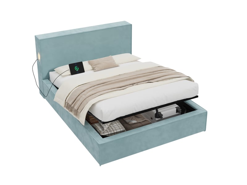 Lit enfant 140x200 cm en velours avec sommier et rangement hydraulique bleu chicfurn - Conforama A