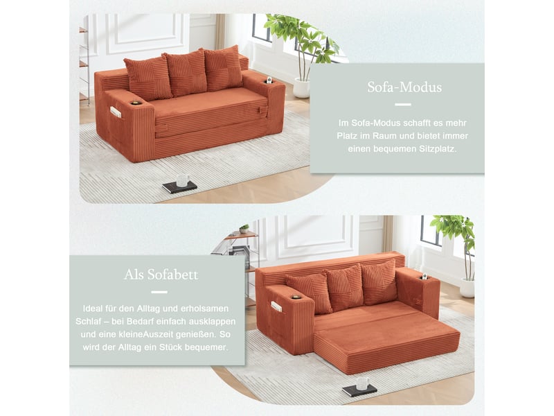 Canapé 3 places en velours côtelé, sans montage, design modulaire, porte-gobelets, rangements latéraux, 172×87×64 cm  - Conforama R