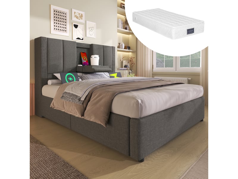  Lit coffre simple 90×200 cm avec usb, type-c et porte-gobelet - okmyhome- en lin gris, matelas inclus  - Conforama C