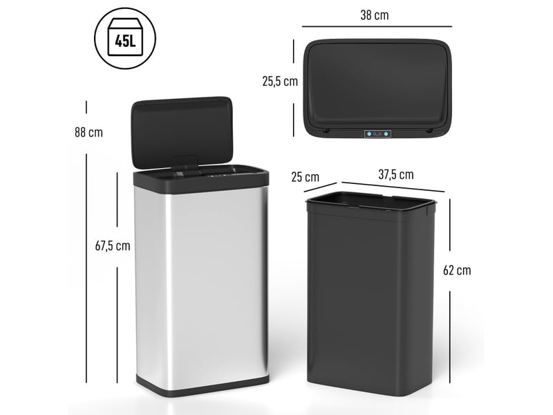  Seau à ordures avec capteur de mouvement, 45l, pour cuisine, chambre ou bureau, capot auto-fermant silencieux, argent  - Conforama A