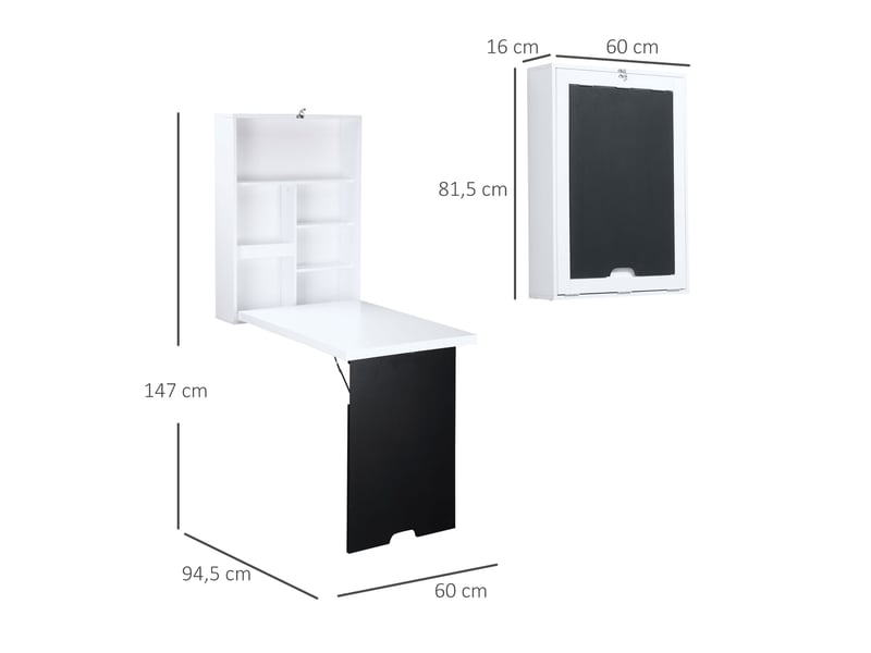 Bureau rabattable mural 60 x 94,5 x 147 cm homcom à 5 cases et tableau blancnoir, gain de place  - Conforama C