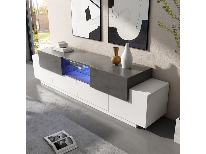 Meuble tv modenvie 180 x 40 x 45 cm avec led rgb, rangements et verre trempé blanc et gris  - Conforama E