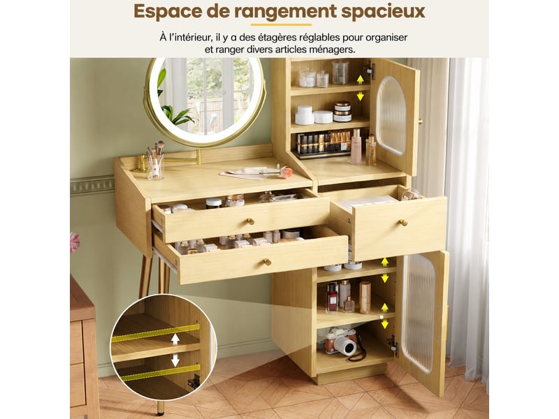  Coiffeuse avec miroir lumineux pivotant, 2 portes vitrées, 3 tiroirs, aspect bois naturel, 100 x 40 x 131 cm  - Conforama E