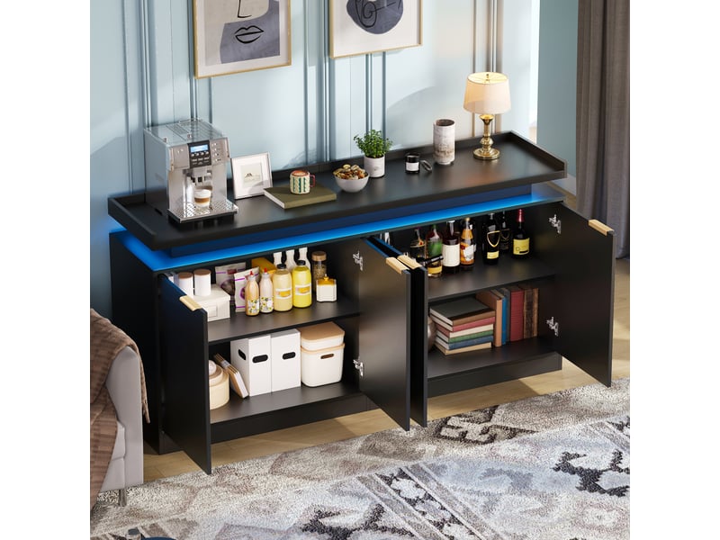  Buffet 4 portes avec éclairage led rgb et rangements - lpospi - étagères fixes mdf noir 160 × 39 × 83 cm  - Conforama B