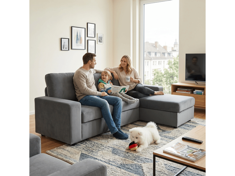  Canapé d'angle avec rangement 4 places gris - méridienne réversible, 245,5 cm, assise moelleuse  - Conforama W