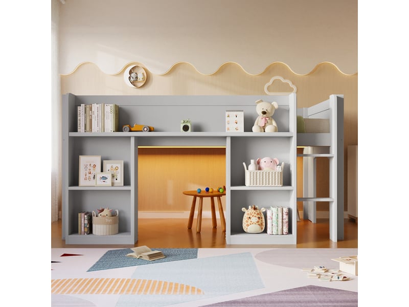  Lit mezzanine 90x200 cm enfant, lit simple avec bibliothèque intégrée, étagères ouvertes, led multicolore, espace de jeu sous le lit, bois mdf, gris  - Conforama C