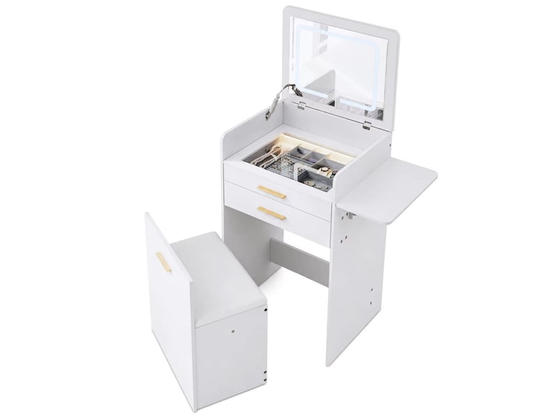  Coiffeuse 3 en 1 avec miroir led 40x50x87,2 cm-2 tiroirs-plateau en verre-tabouret avec rangement à roulettes-blanc  - Conforama A