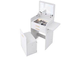 Coiffeuse 3 en 1 avec miroir led 40x50x87,2 cm-2 tiroirs-plateau en verre-tabouret avec rangement à roulettes-blanc