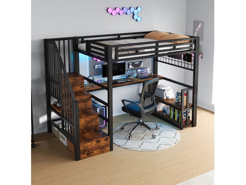  Lit mezzanine enfant 90 x 200 cm en métal et mdf noir avec bureau, rangement, led et prises usb  - Conforama B