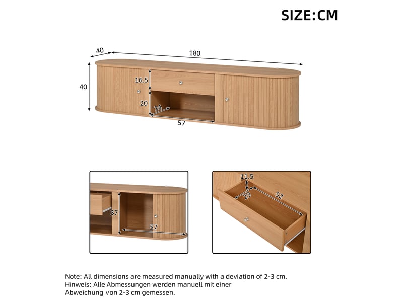  Meuble tv bas 180x40x40 cm 2 portes à rideau panneau de particules naturel  - Conforama E