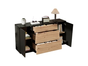 Buffet noir et bois 140 cm, meuble de rangement 3 tiroirs 2 portes pour salon et cuisine