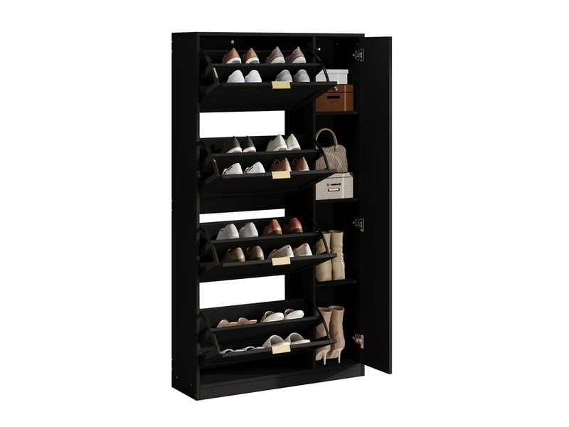  Meuble à chaussures 80x24x147 cm avec miroir et 4 compartiments rabattables noir  - Conforama A