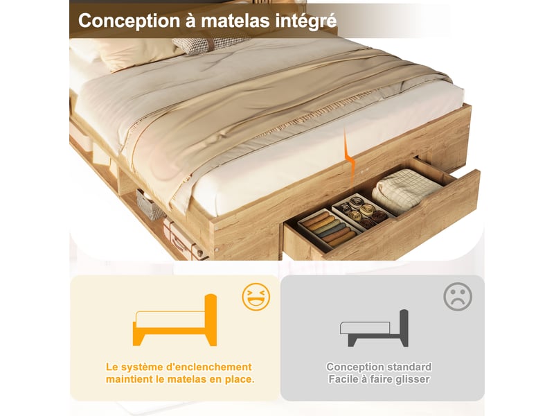  Lit double 160 x 200 cm, lit coffre, lit en bois, lit enfant, avec lampe de lecture, 2 tables de chevet, tiroirs, matelas inclus, coloris naturel  - Conforama E