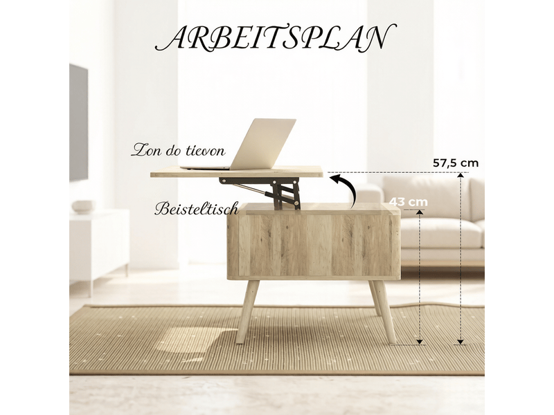  Table basse relevable, avec 2 compartiments cachés et plateau réglable, pour salon, mdf et bois, chêne  - Conforama D