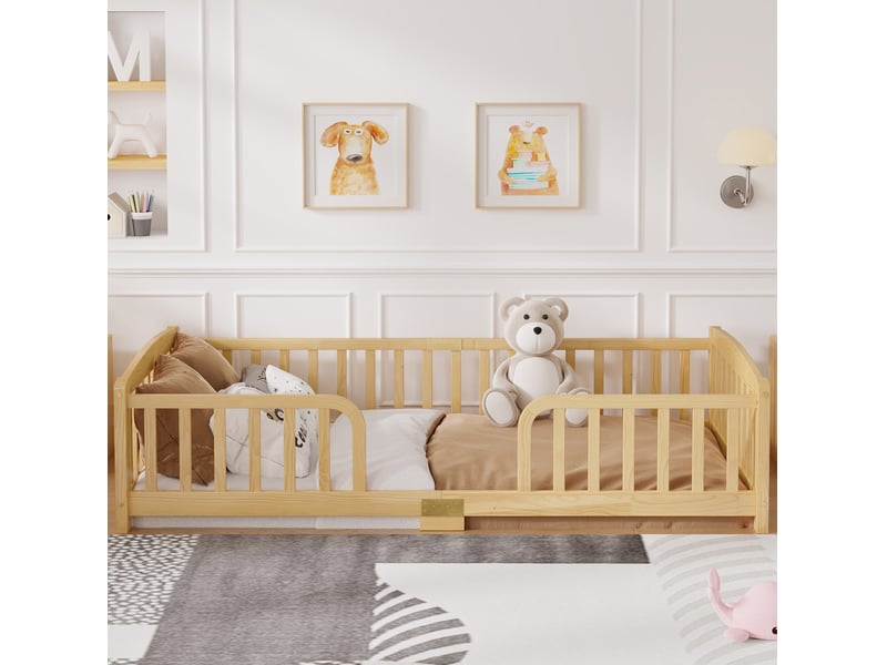  Lit simple 90x200 cm avec barrières de sécurité en pin coloris naturel  - Conforama C
