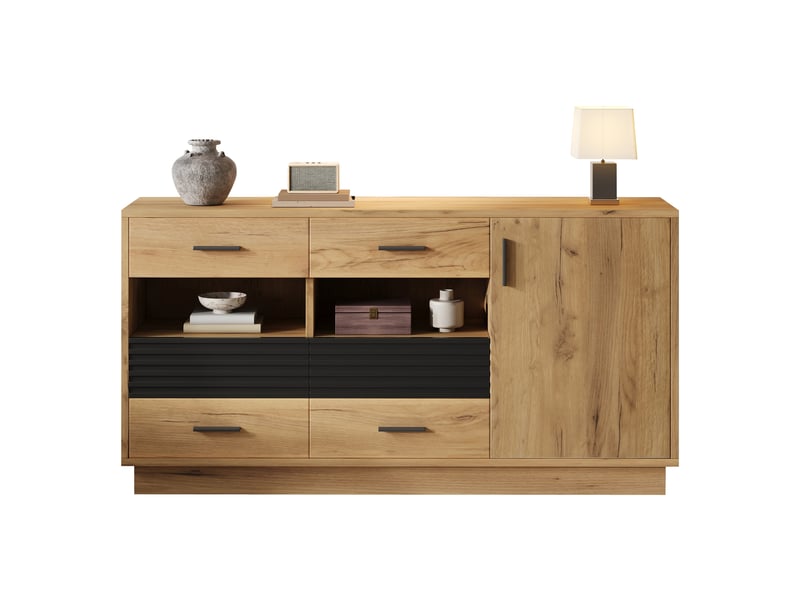 Buffet bas 140x35x70 cm avec 6 tiroirs et 1 porte, meuble de rangement salon avec niches ouvertes, design bois et noir - mdf chêne - Conforama A