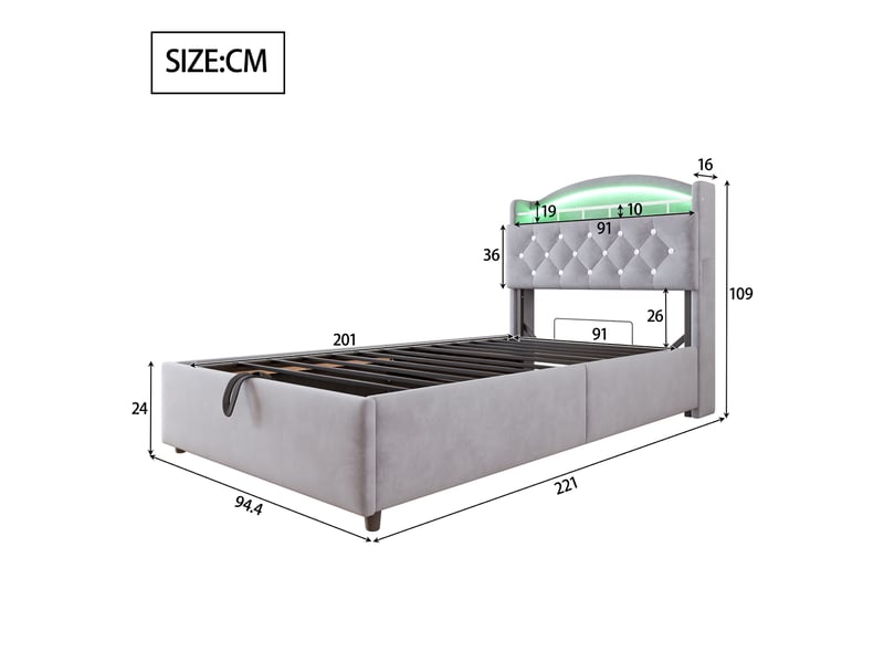 Lit enfant 90x200 cm en velours gris, multifonction avec rangement, led et usb - Conforama C