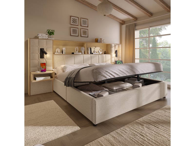 Lit coffre 180x200 cm - rangement hydraulique, tête de lit avec liseuses led, usb et type-c, chevets intégrés, tissu lin beige - Conforama B