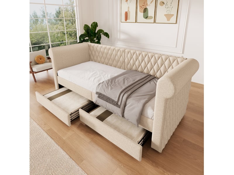  Lit avec rangement tcqpz 90 x 200 cm vintage en lin beige avec 2 tiroirs  - Conforama B