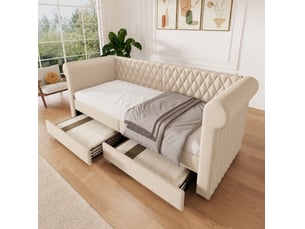 Lit avec rangement tcqpz 90 x 200 cm vintage en lin beige avec 2 tiroirs