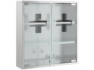 Armoire à pharmacie verrouillable argentée, 48 x 46 x 12 cm, porte vitrée, 6 étagères et 2 clés