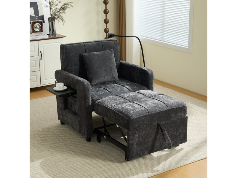 Fauteuil-lit convertible 2-en-1 en chenille gris foncé, dossier réglable 5 positions, tablette et rangements, 167 cm IKSETERA TRADING LTD - Conforama E