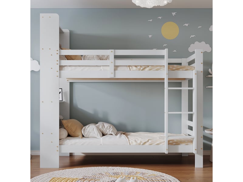 Lit superposé 200×90 cm pour deux personnes avec étagères et échelle à 3 marches, sans matelas, en bois blanc - Conforama C