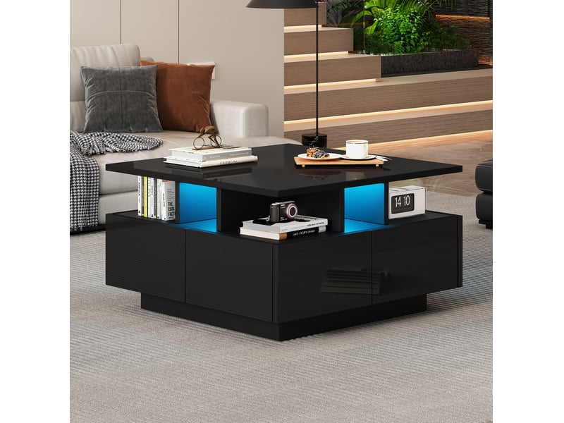  Table basse carrée 70 x 70 x 40 cm avec led, 4 tiroirs et rangement, noire  - Conforama D