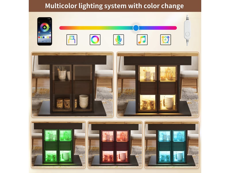  Table à manger extensible avec rangement et éclairage rgb - lpospi - mdf noir, 110 × 80 × 77,9 cm  - Conforama E