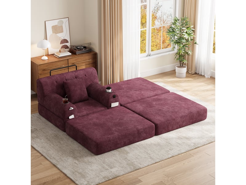 Fauteuil convertible velours avec repose pieds mecanisme inclinable dossier haut porte verres pochettes bordeaux - Conforama B