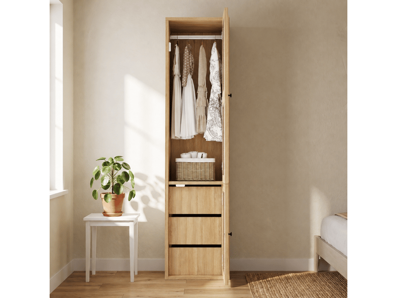  Armoire 45x47x200 cm, 1 porte en rotin, penderie et 3 tiroirs, meuble de rangement étroit, mdf et rotin, chêne OMNIGLINT TRADING LTD - Conforama E