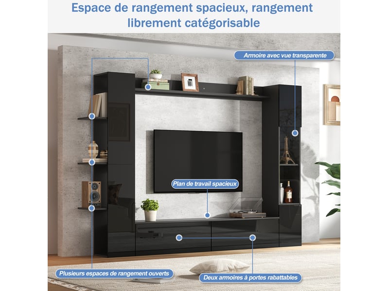  Meuble tv mural 4 pièces 245x30x170 cm, design moderne et compact, portes de rangement, pour salon, mdf, coloris noir  - Conforama D